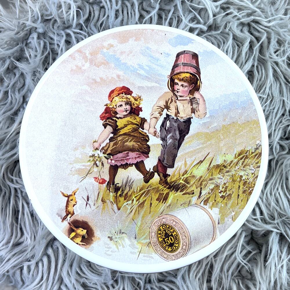 Vintage J & P Coats & Clark Reproduction Round Storage Tin Jack & Jill Thread